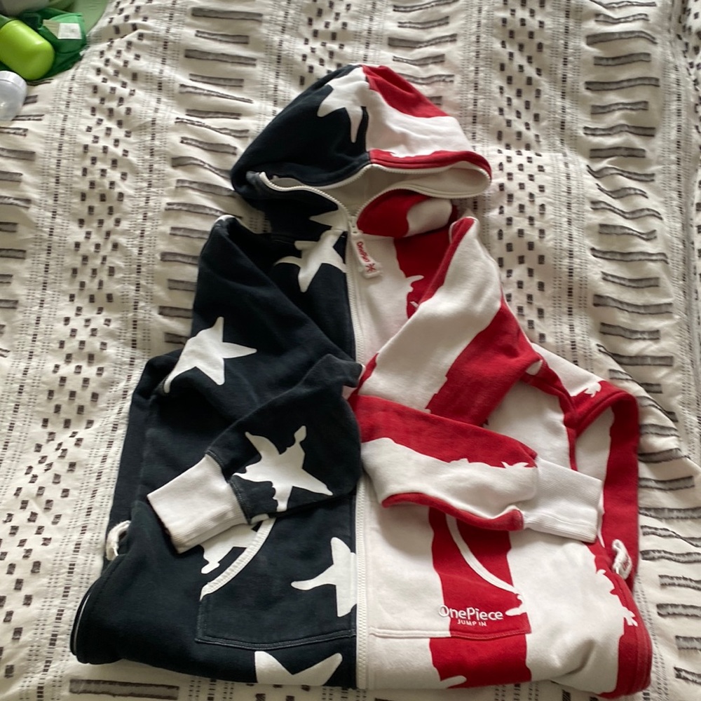 Red, white and blue OnePiece onesie